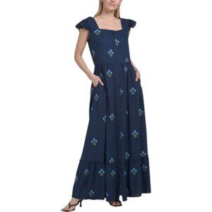 SOLITAIRE Linen Blend Flutter Sleeve Embroidered Maxi Dress